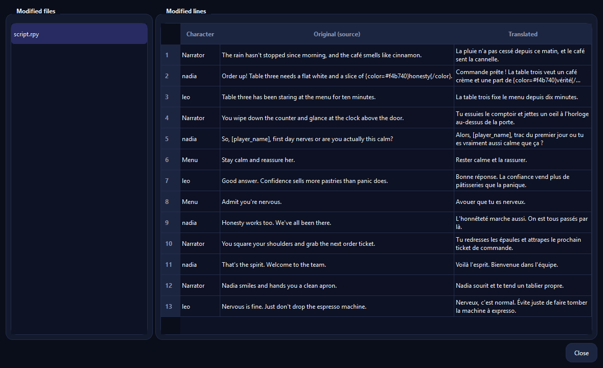 Diff view comparing original English dialogue to translated French dialogue