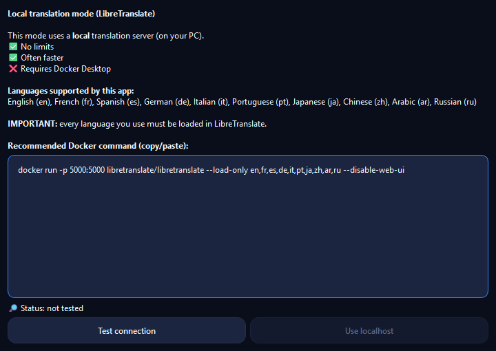 Local translation setup dialog with the Docker command for LibreTranslate