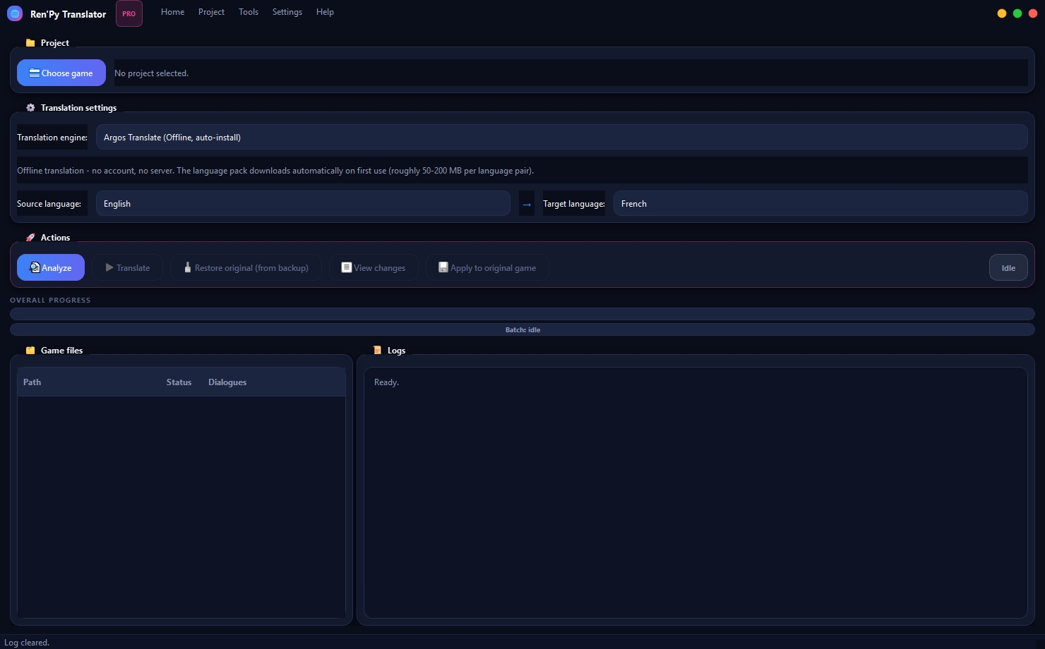 Ren'Py Translator on first launch, before a project is loaded