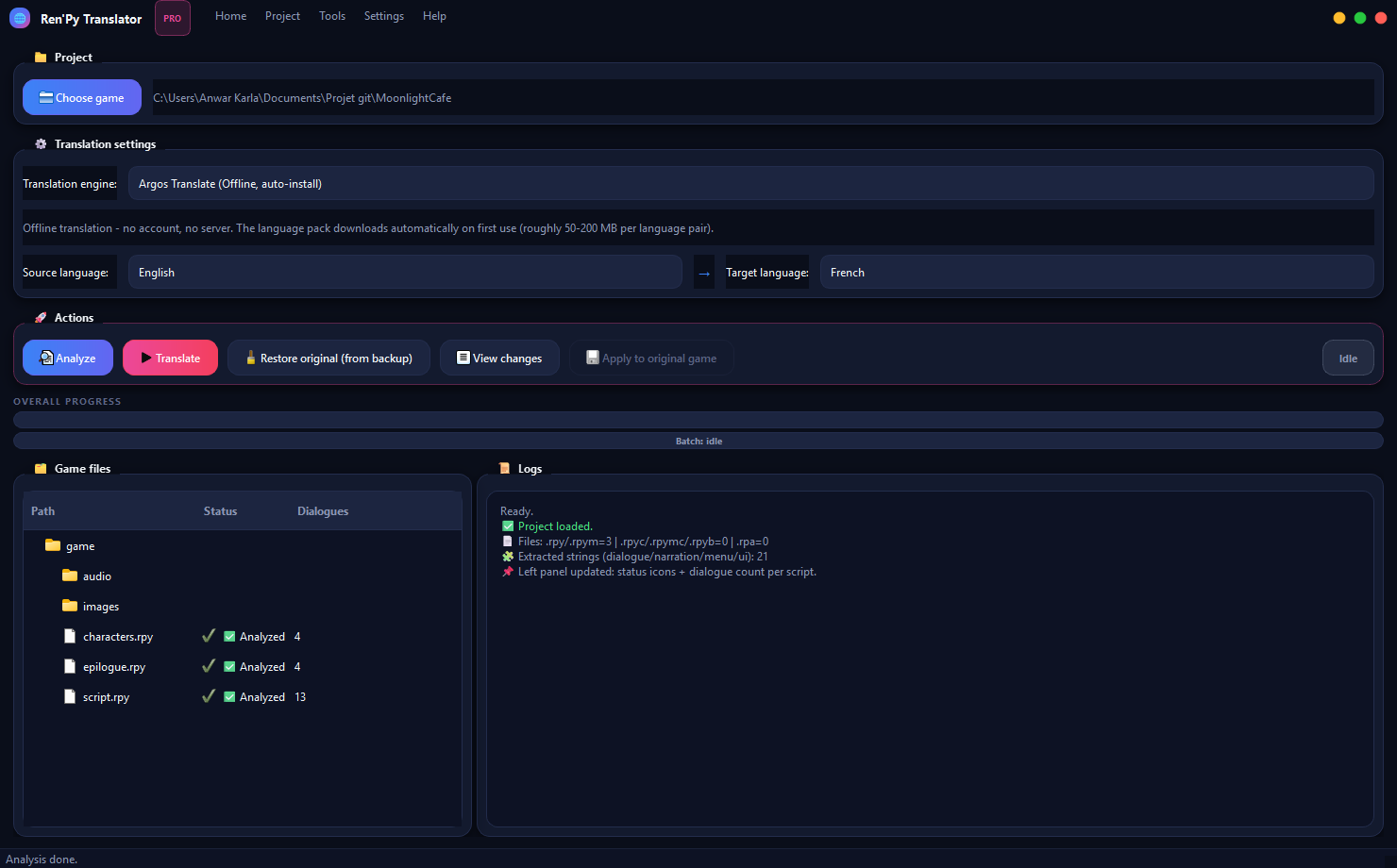 Ren'Py Translator main window, showing an analyzed project ready to translate